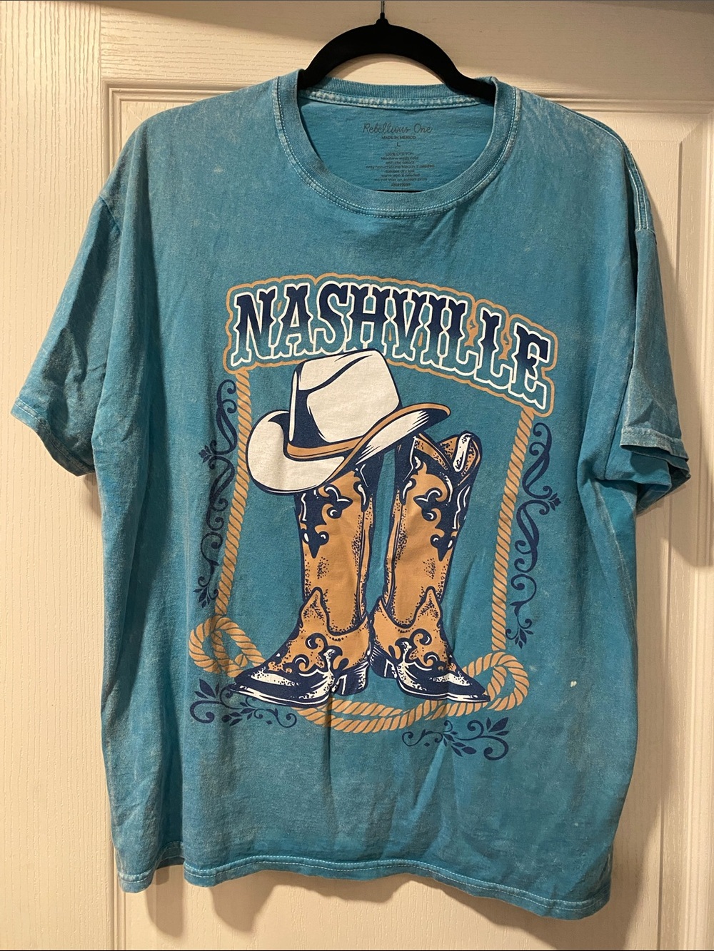 Rebellious One L Turquoise Nashville Graphic Short Sleeve Top